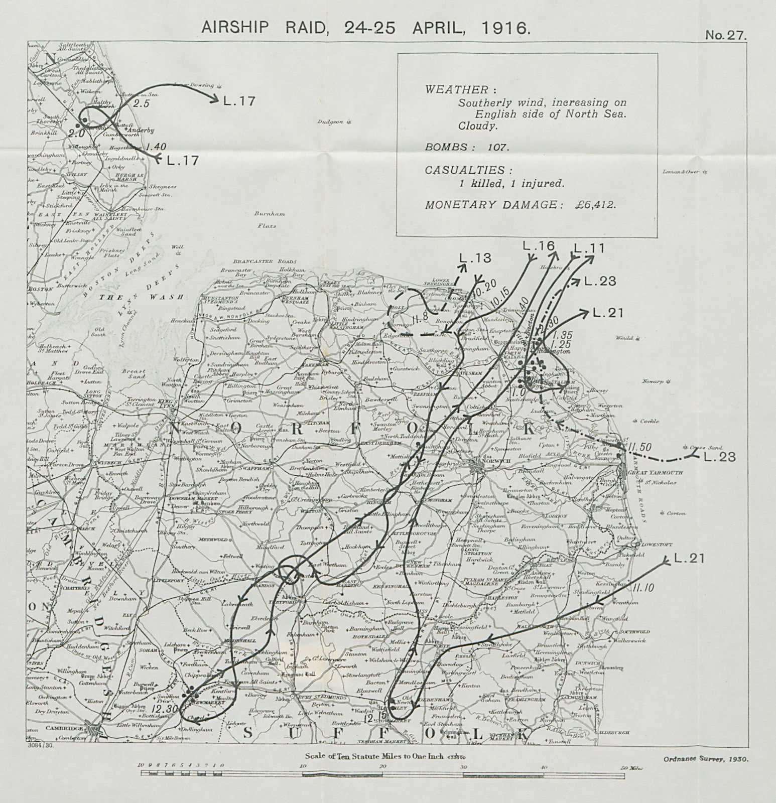 WW1 German Airship raid April 1916 Newmarket Bacton Alford Norfolk 1930 map
