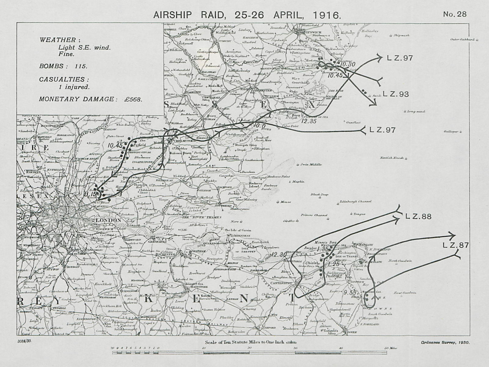 WW1 German Airship raid 25 April 1916 Ongar Romford Thanet Deal Harwich 1930 map