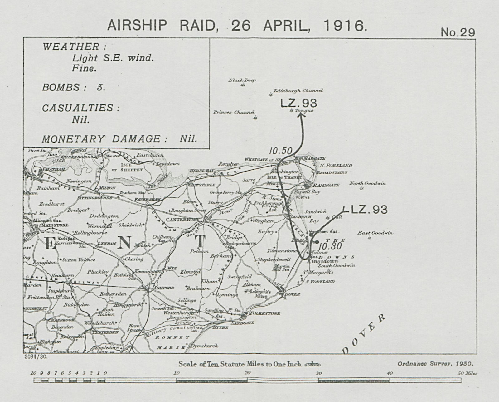 WW1 German Airship raid 26 April 1916. Deal Kent 1930 old vintage map chart