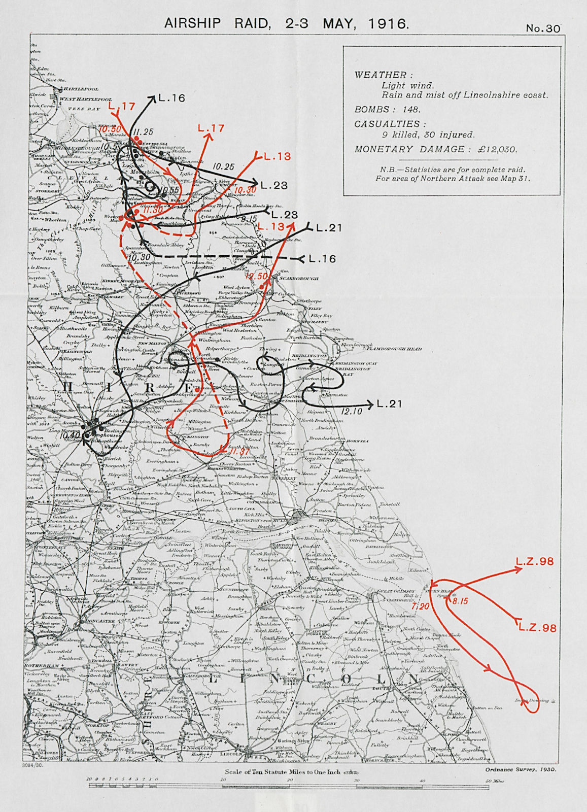 WW1 German Airship raid 2-3 May 1916 Saltburn-by-the-Sea York Yorkshire 1930 map