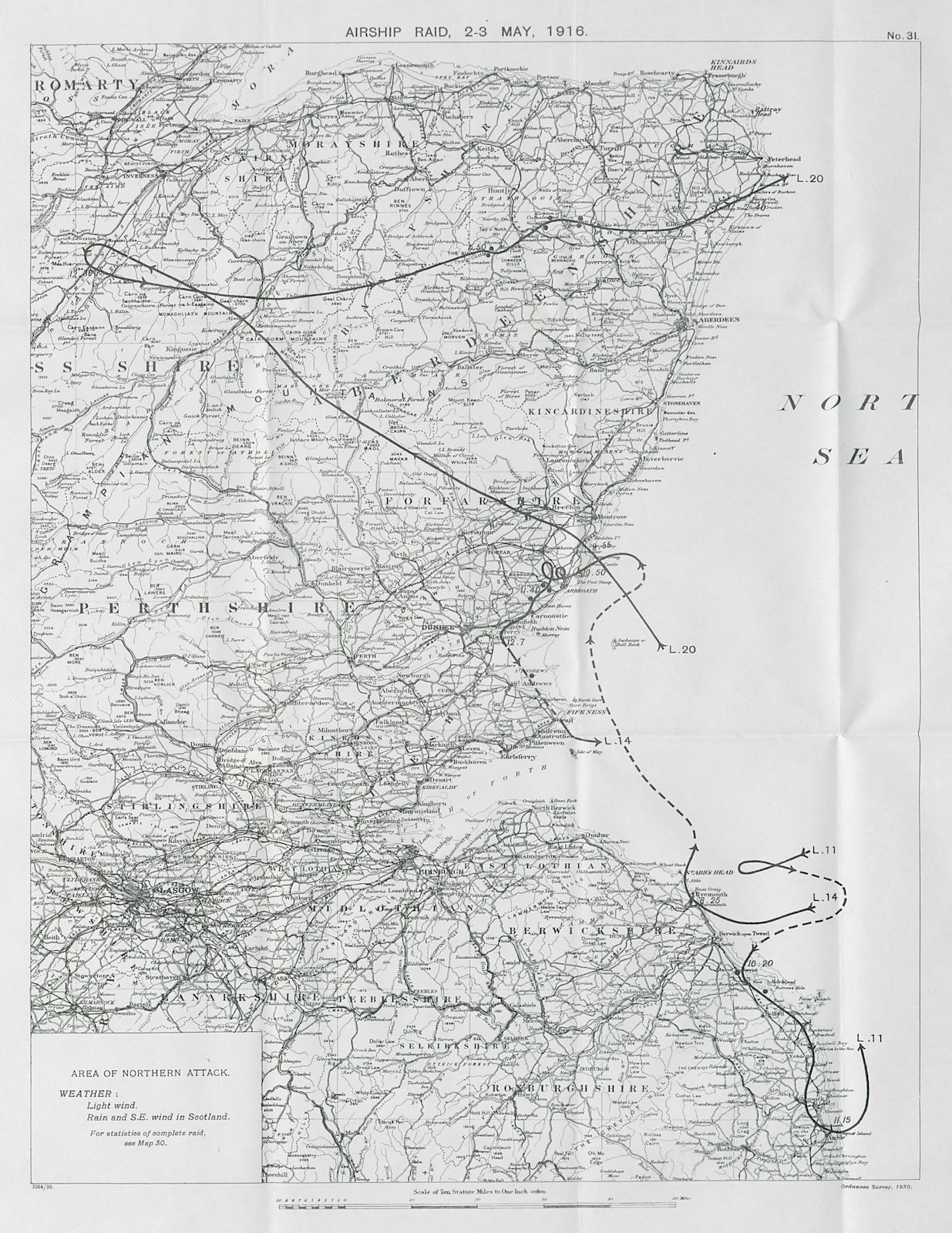 WW1 German Airship raid 2-3 May 1916. Arbroath St Andrews Scotland 1930 map
