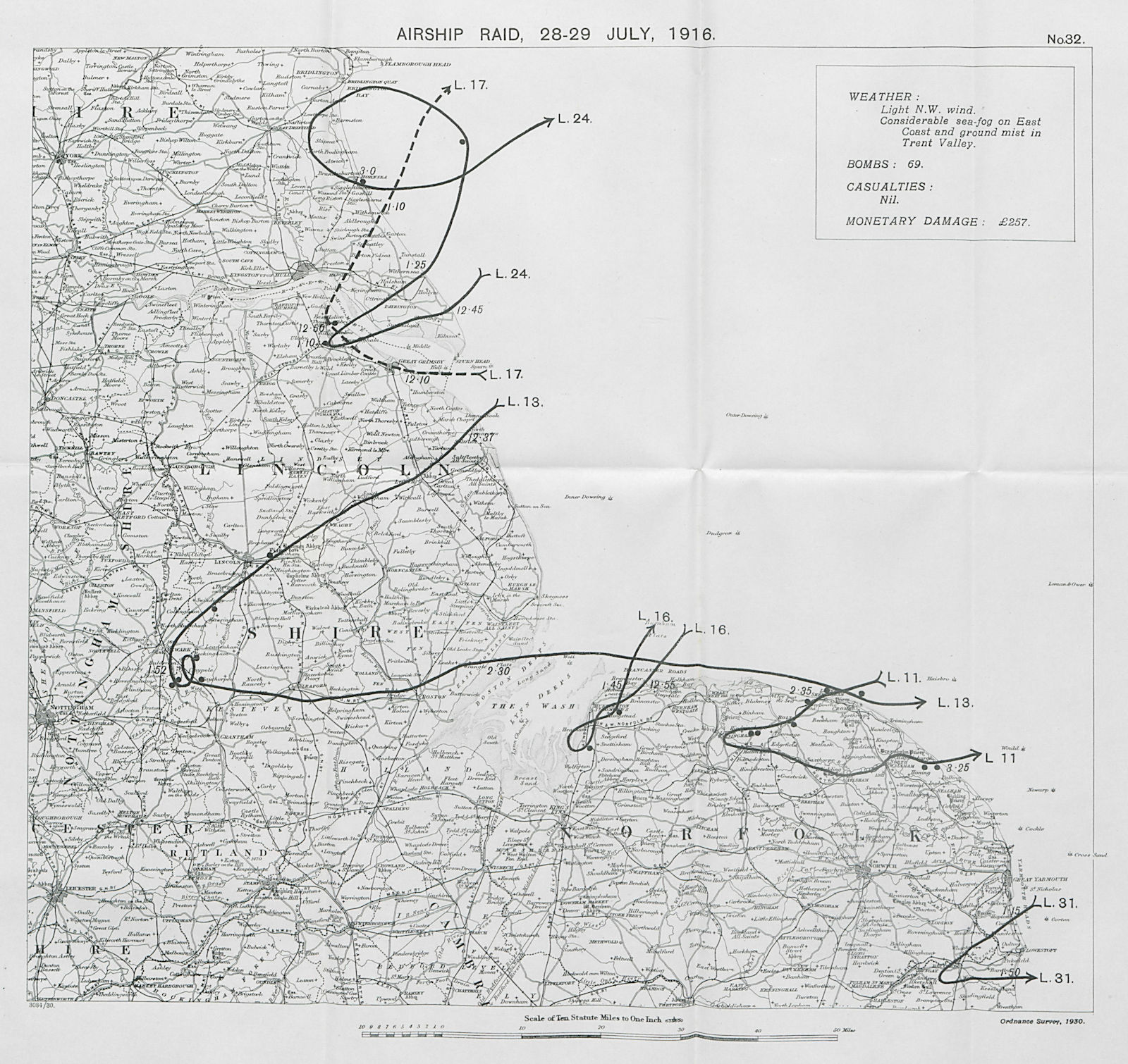 WW1 German Airship raid 28-29 July 1916 Newark Lincoln Cromer Holt 1930 map