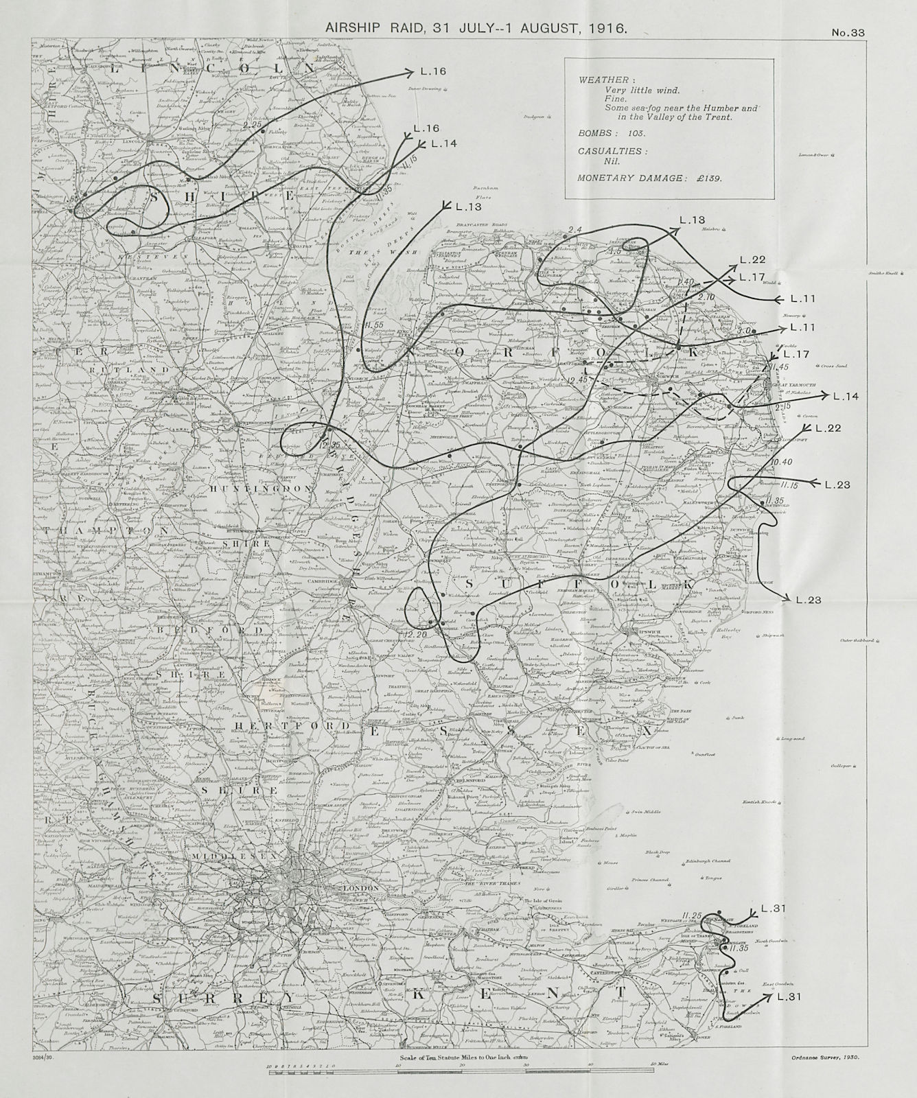 Associate Product WW1 German Airship raid July/Aug 1916 Thanet Norfolk Haverhill Newark 1930 map