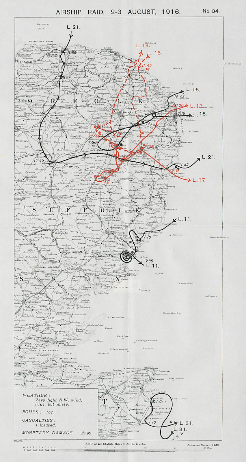 WW1 German Airship raid 2-3 August 1916 Harwich Felixstowe Deal Norfolk 1930 map
