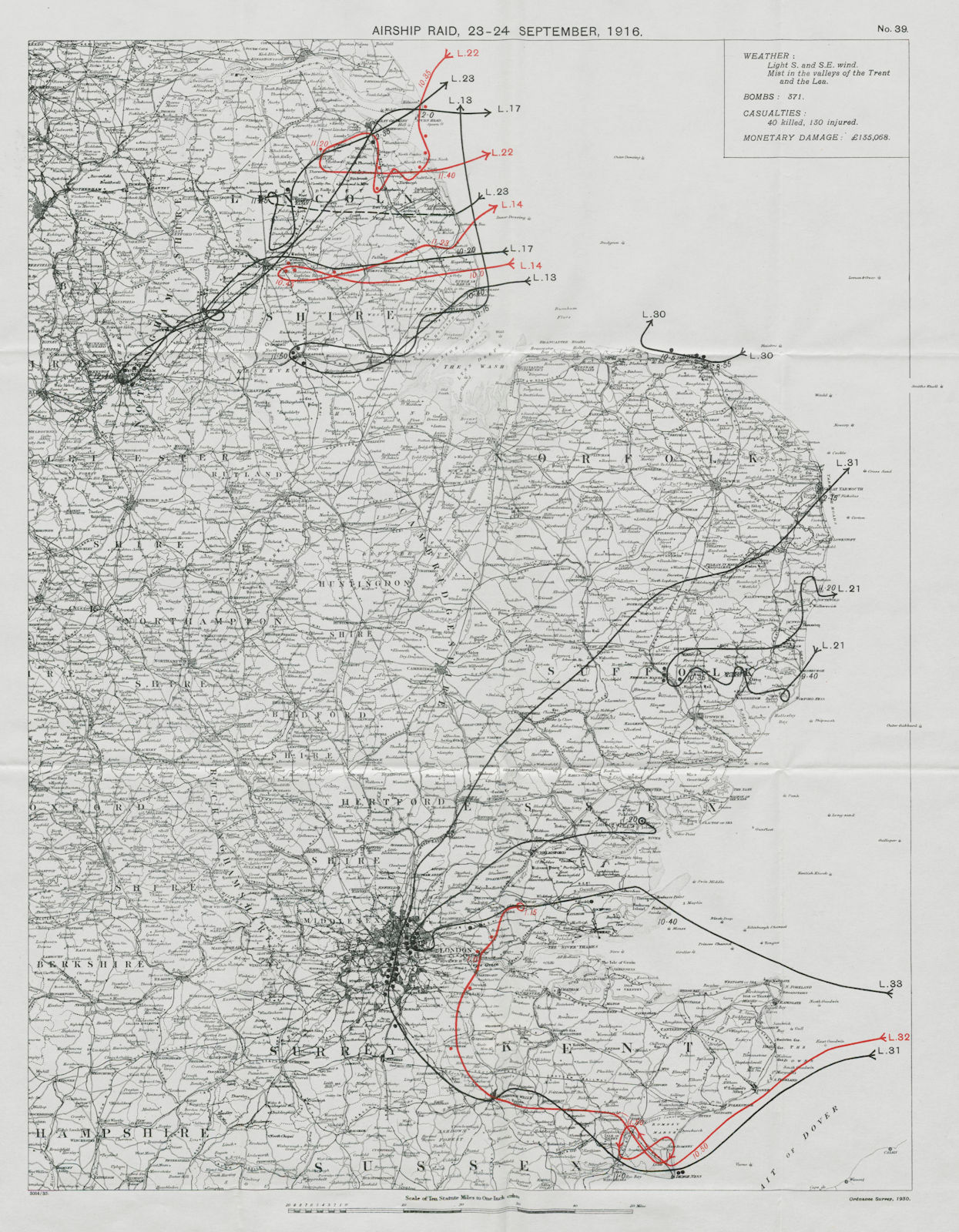 Associate Product WW1 German Airship raid 23-24 September 1916 London Nottingham Sleaford 1930 map