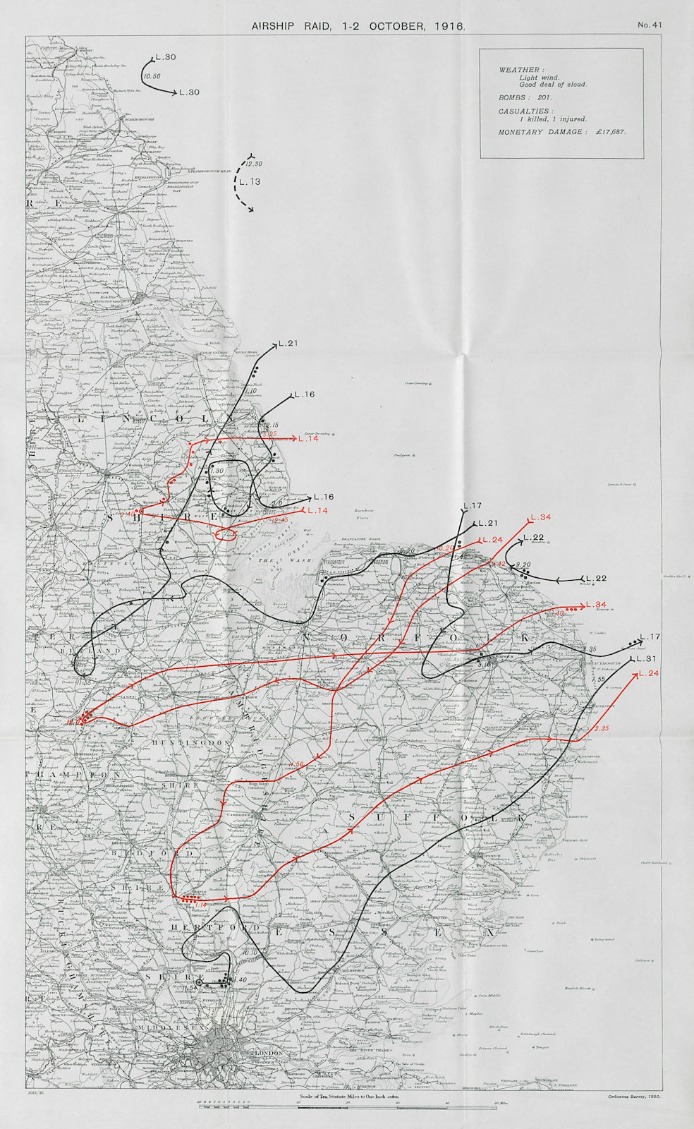 Associate Product WW1 German Airship raid 1-2 October 1916 Cheshunt Hitchin Lincolnshire 1930 map
