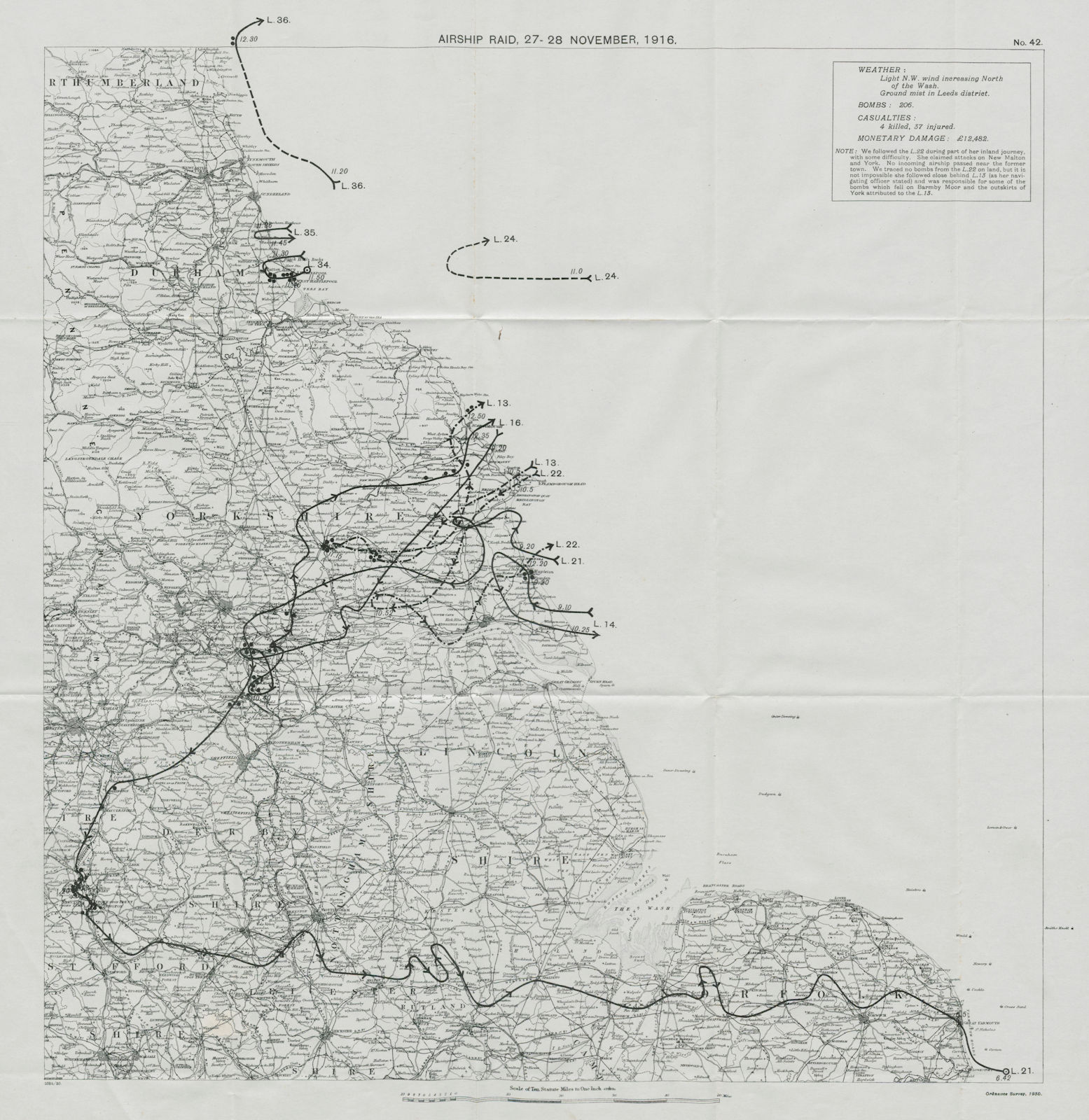 Associate Product WW1 German Airship raid November 1916 Stoke Yorkshire Wakefield Hornsea 1930 map
