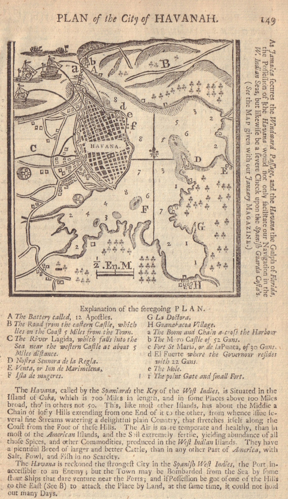 Plan of the City of Havana. Cuba. GENTS MAG 1740 old antique map chart