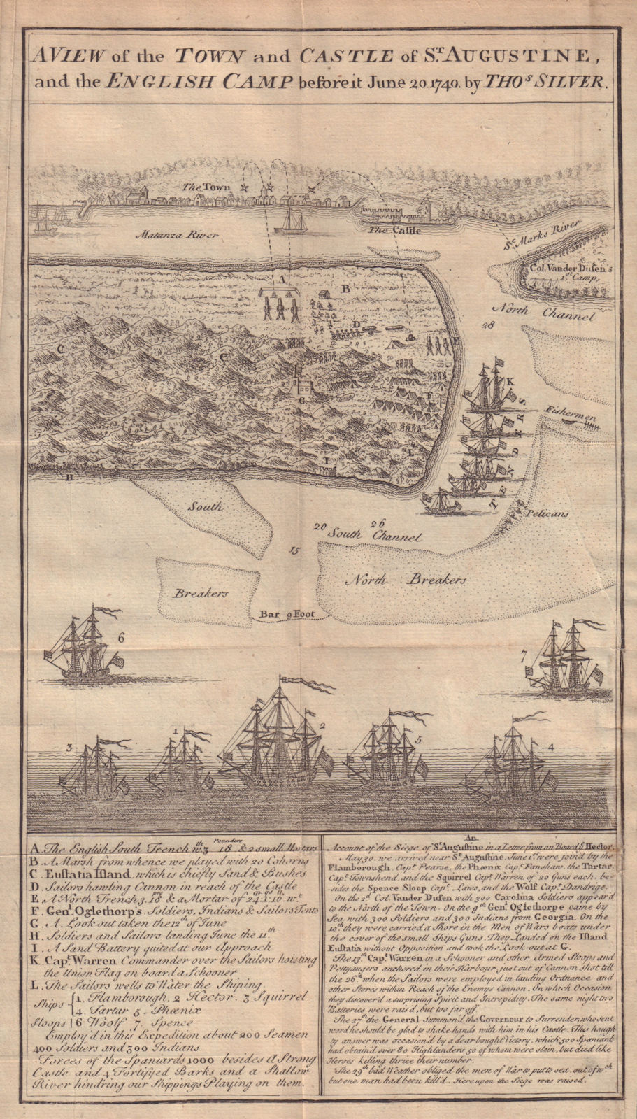 The town & castle of St. Augustine. 1740 siege. Spanish Florida. SILVER 1740 map