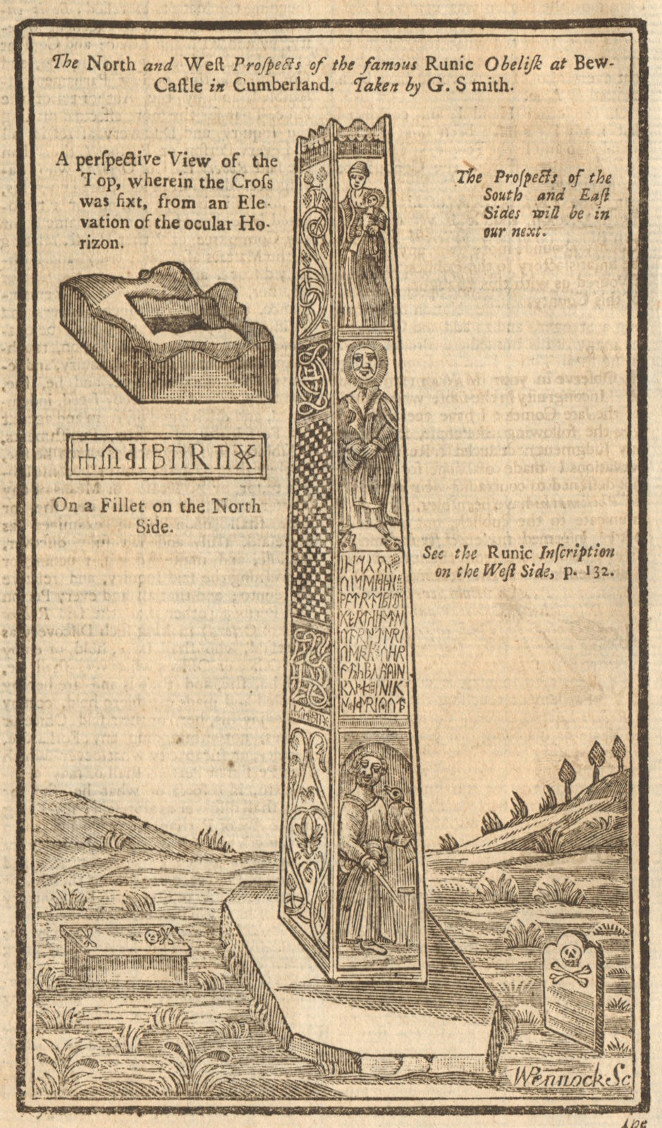 North & west faces of the Bewcastle Cross, Cumbria. Runic 1742 old print