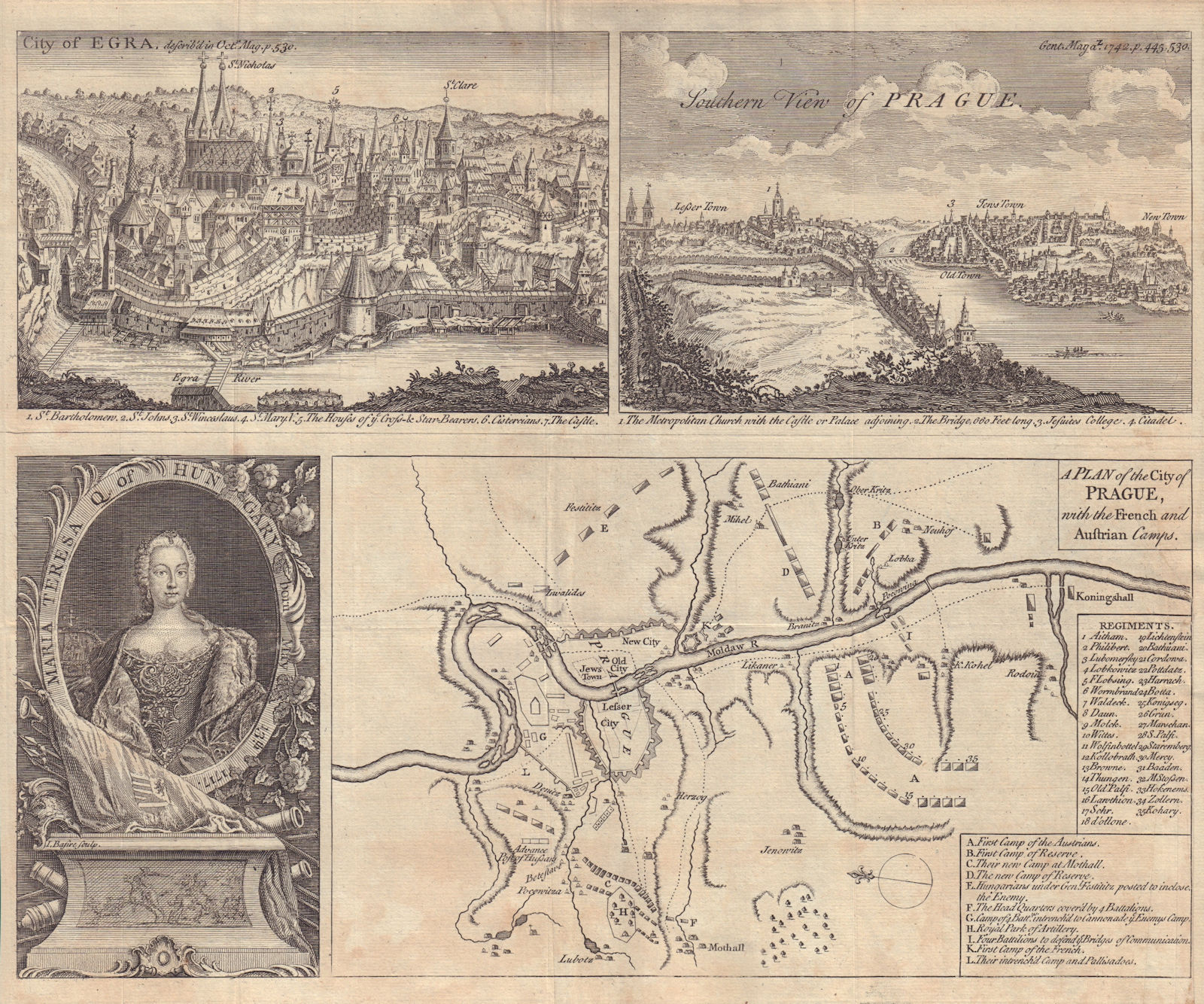 Siege of Prague 1742. City of Egra (Cheb). Maria Teresa. GENTS MAG 1742 map