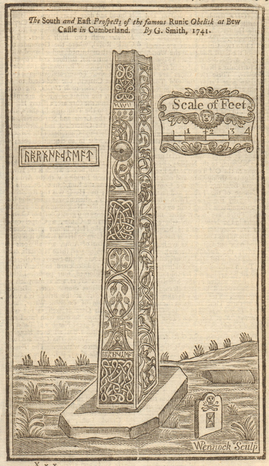 South & east faces of the Bewcastle Cross, Cumbria. Runic 1742 old print