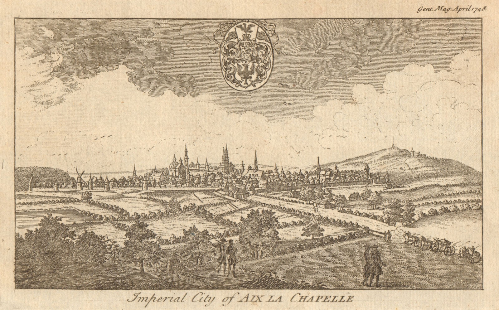Imperial City of Aix La Chapelle. View of Aachen, Germany 1748 old print