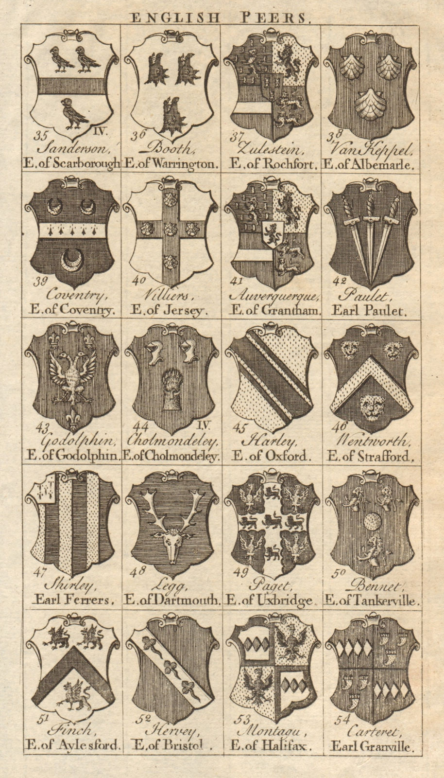 Peerage Arms. Booth Paulet Harley Legg Paget Bennet Finch Hervey Montagu… 1748