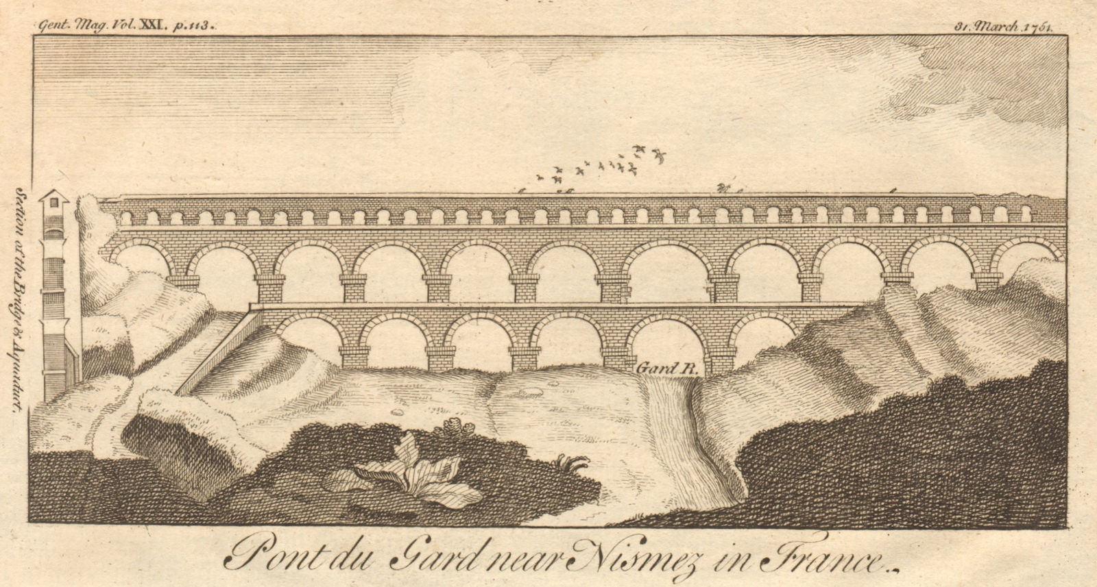 Pont du Gard near Nismez in France. Nîmes. Gard. Roman Aqueduct 1751 old print