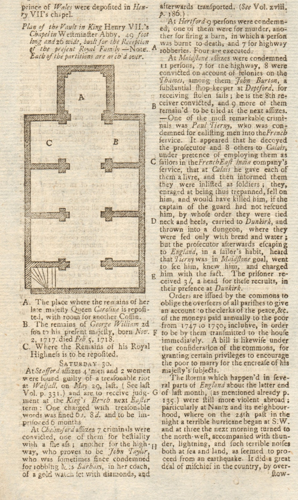 Plan of the vault in King Henry VII's Chapel in Westminster Abbey, London 1751