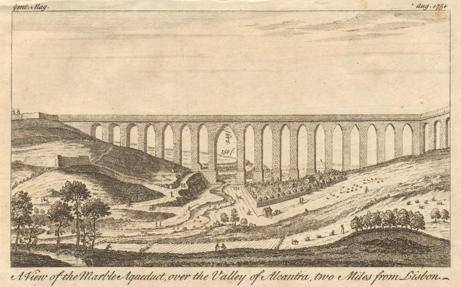 Aguas Livres Aqueduct, Alcantara valley, Lisbon, Portugal 1751 old print