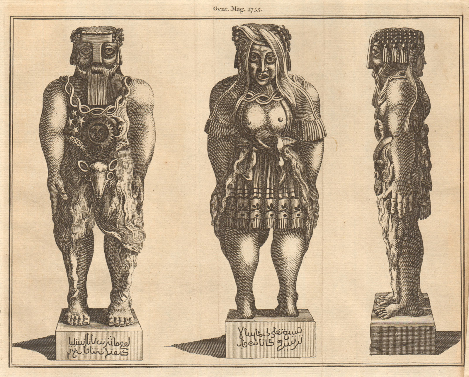 Two faced man/woman statue, found in Smyrna/Izmir. Turkey 1755 old print
