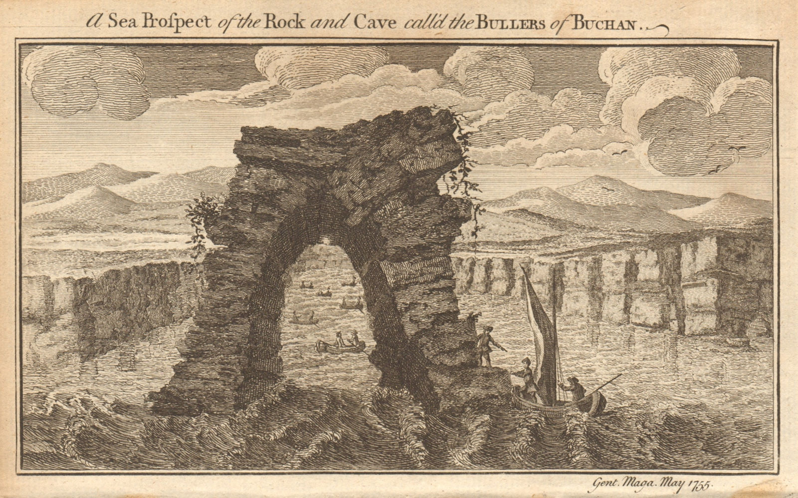 A sea prospect of the rock and cave called the Bullers of Buchan. Scotland 1755
