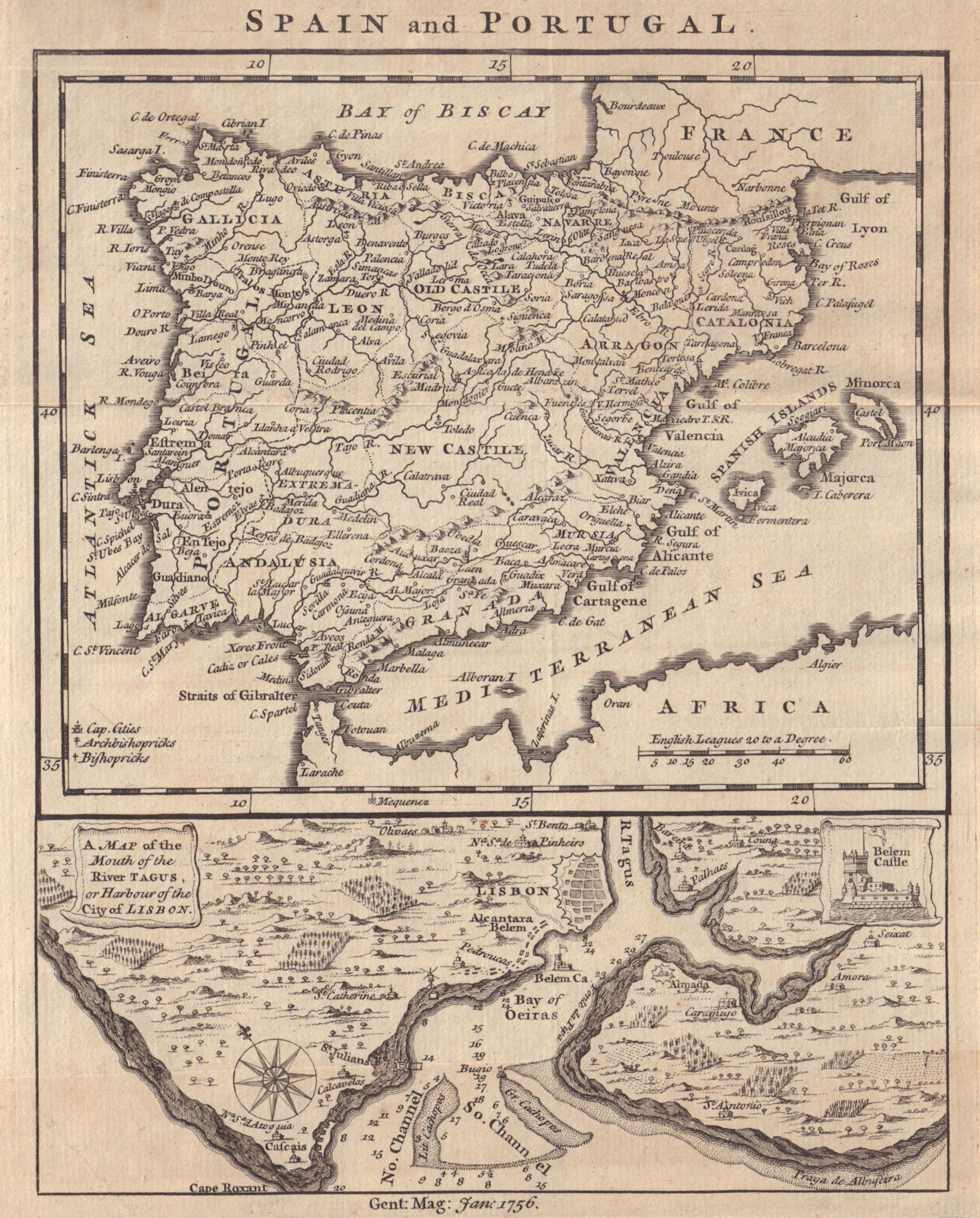 Associate Product Spain & Portugal. Mouth of the River Tagus, Lisbon harbour. GENTS MAG 1756 map