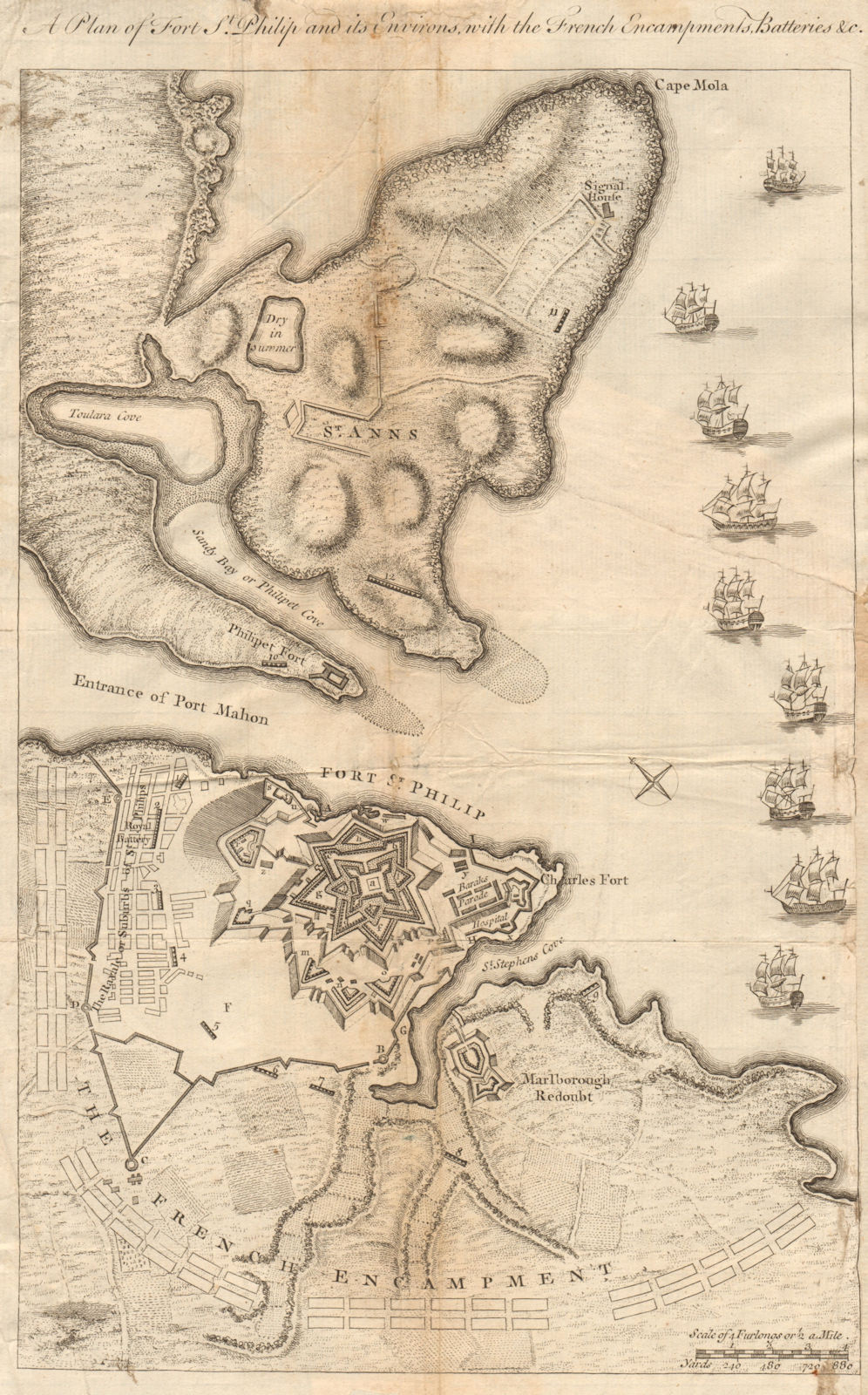 A plan of Fort St. Philip, Mahon, Menorca. French siege. GENTS MAG 1756 map