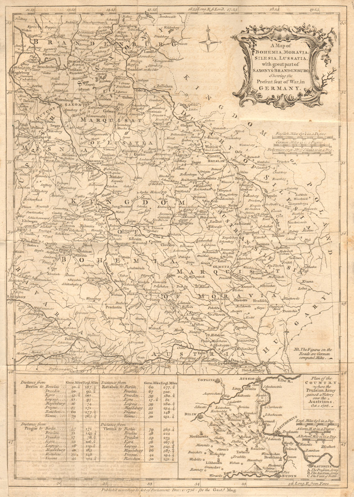 Bohemia, Moravia, Silesia, Lussatia…. Saxony Brandenburg. GENTS MAG 1756 map