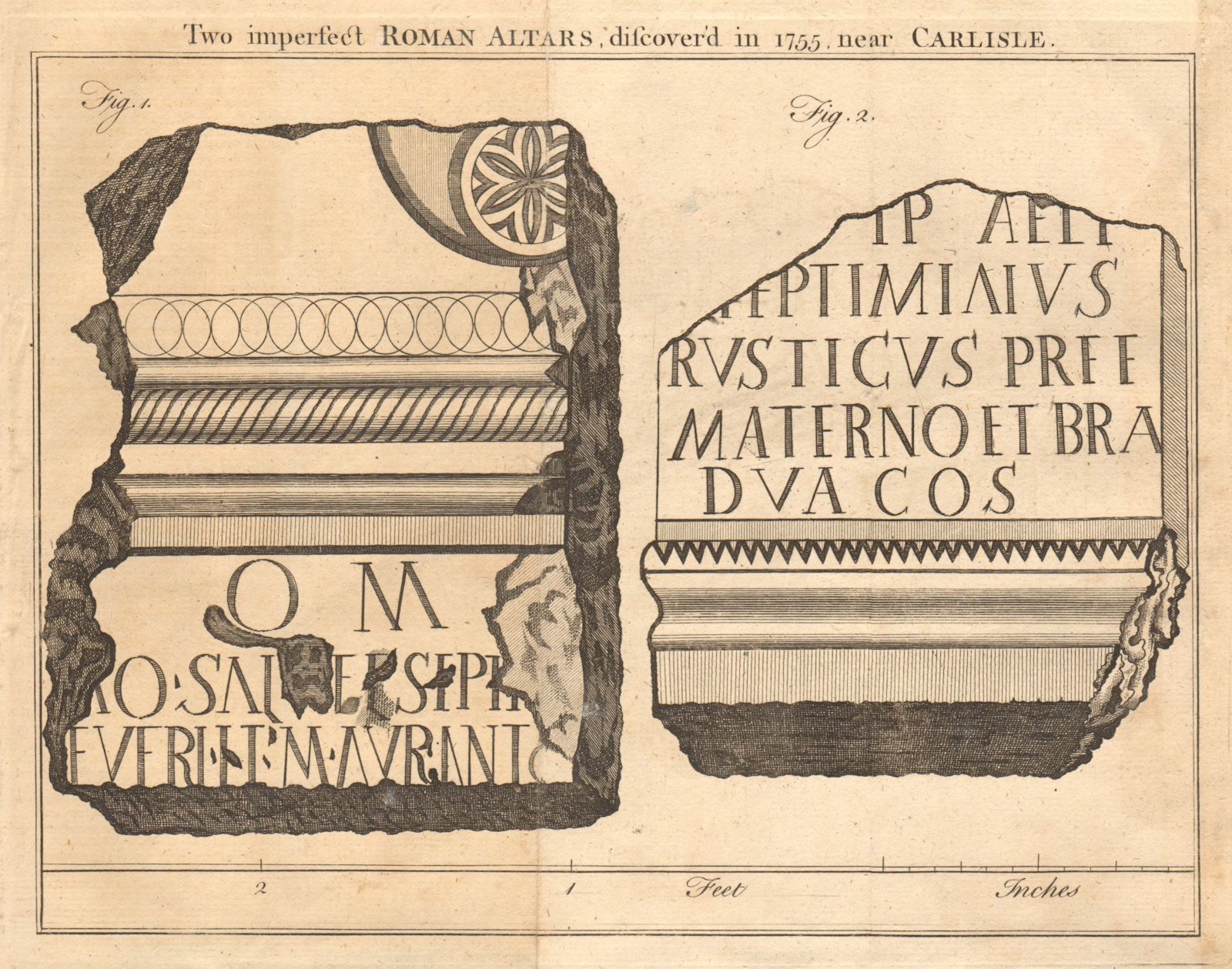 Two Roman Altars, discovered in 1755 near Old Carlisle, Cumbria 1757 print