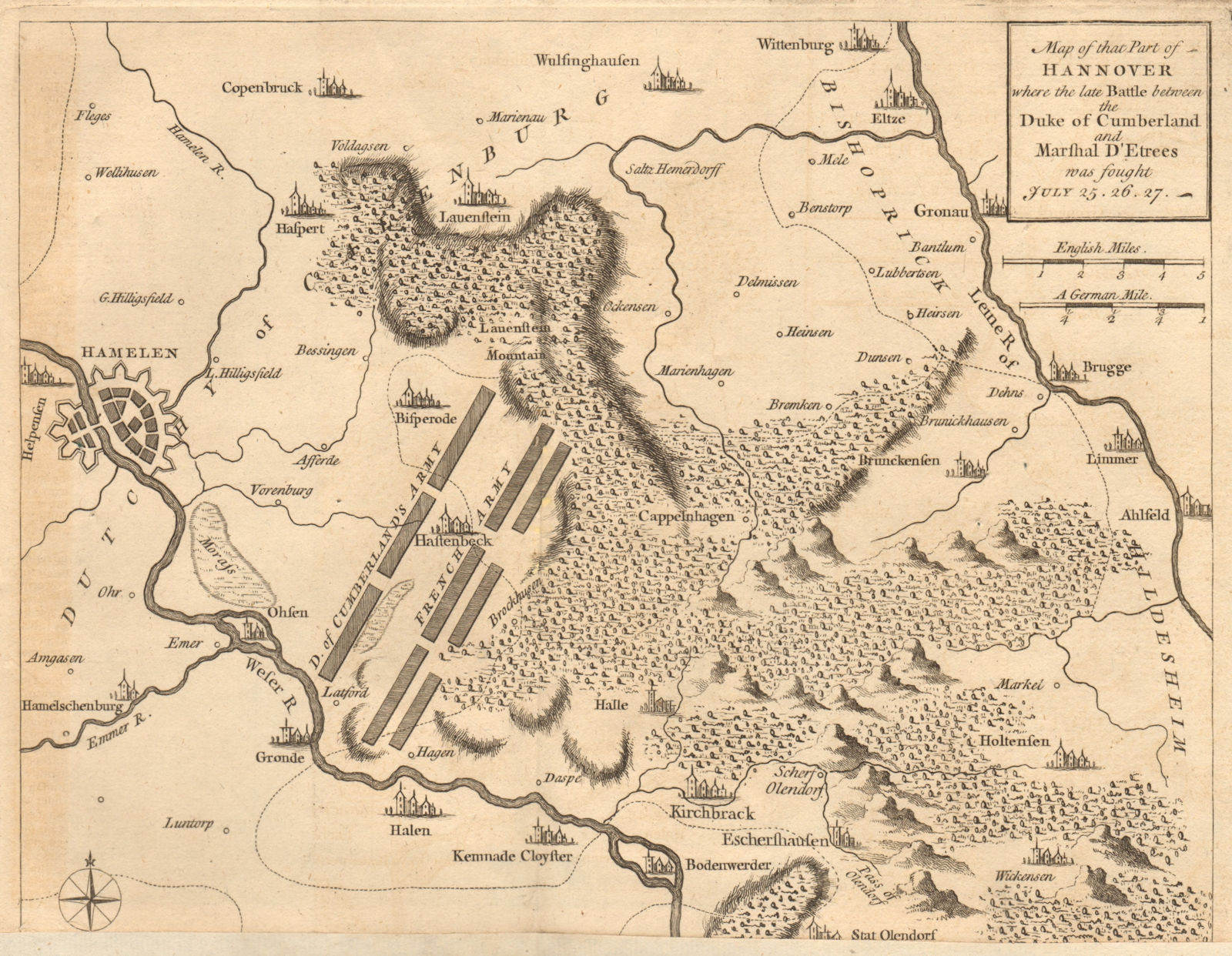 Map of that part of Hannover… Battle of Hastenbeck. Hamelin. GENTS MAG 1757