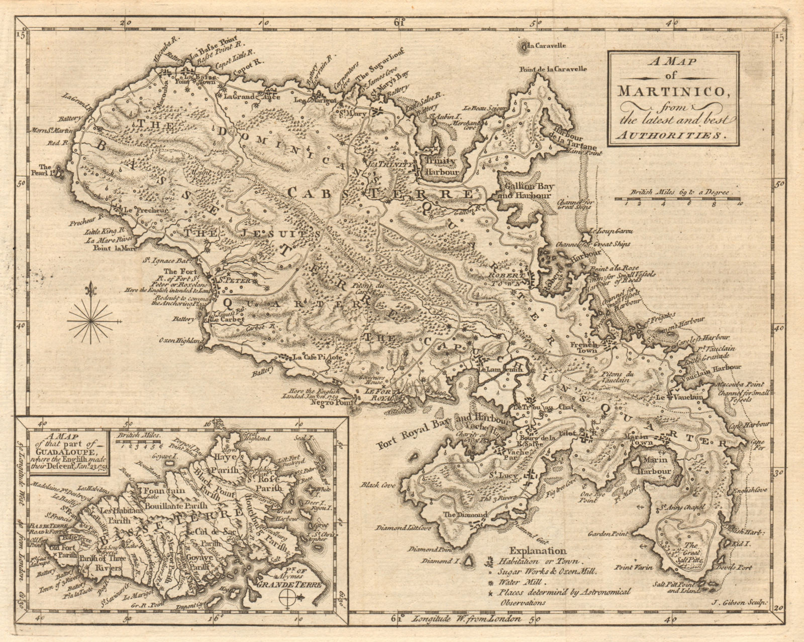 Associate Product Martinico & Basse-Terre, Guadeloupe. Martinique. Antilles. GIBSON 1759 old map