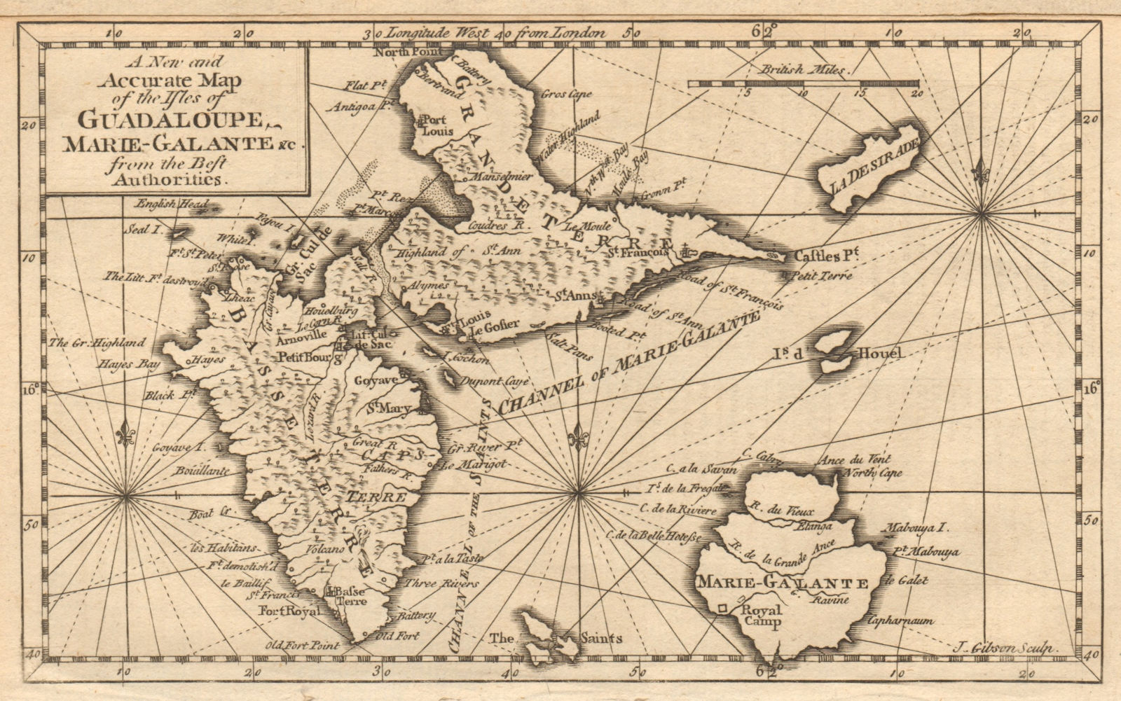 A new & accurate map of the isles of Guadaloupe, Marie-Galante. GIBSON 1759