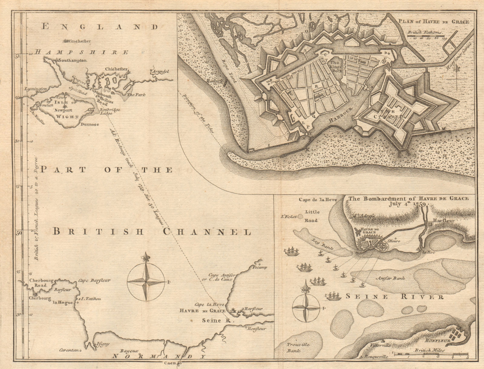 Plan of Havre de Grace. Le Havre raid 1759 by Admiral Rodney. GENTS MAG 1759 map