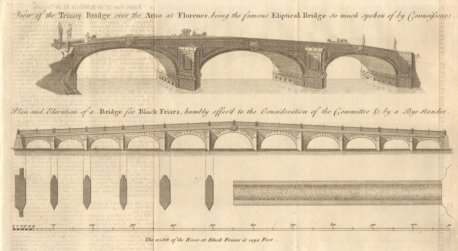 Associate Product Trinity Bridge over the Arno, Florence. Blackfriars bridge plan, London 1759