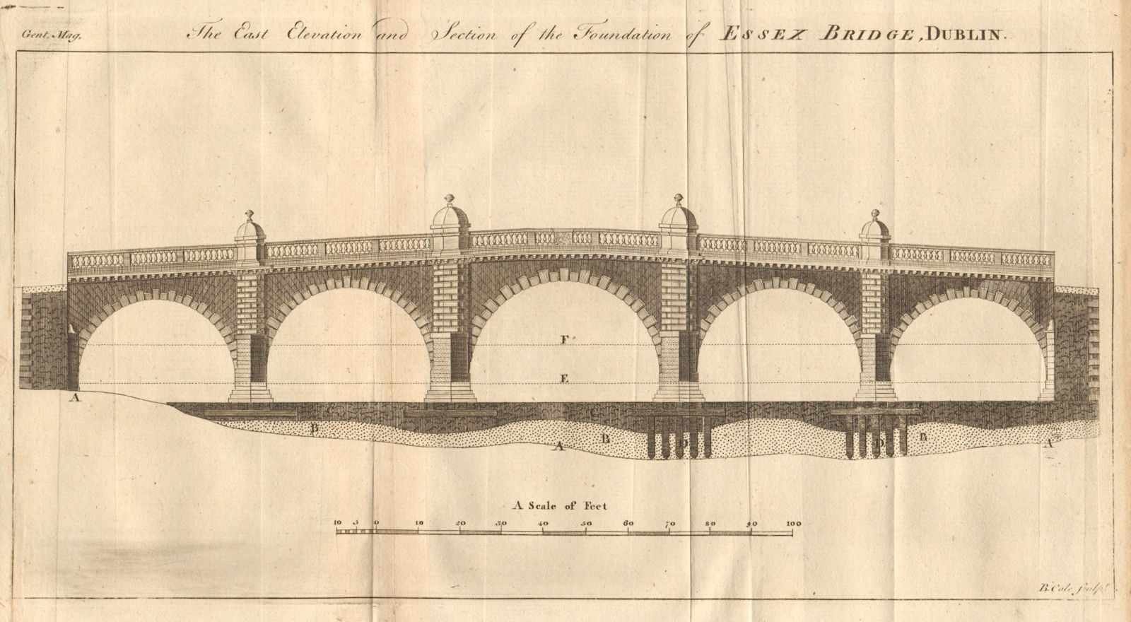 East elevation & section of the foundation of Essex Bridge, Dublin. Ireland 1761
