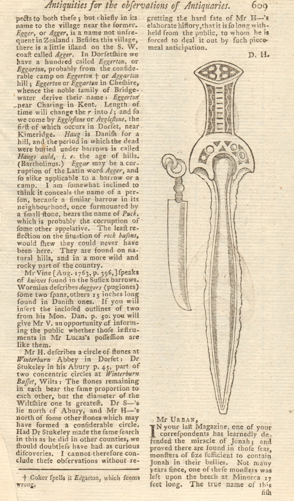 Two Daggers, described by Wormius in his Danish Monuments. Denmark 1768 print