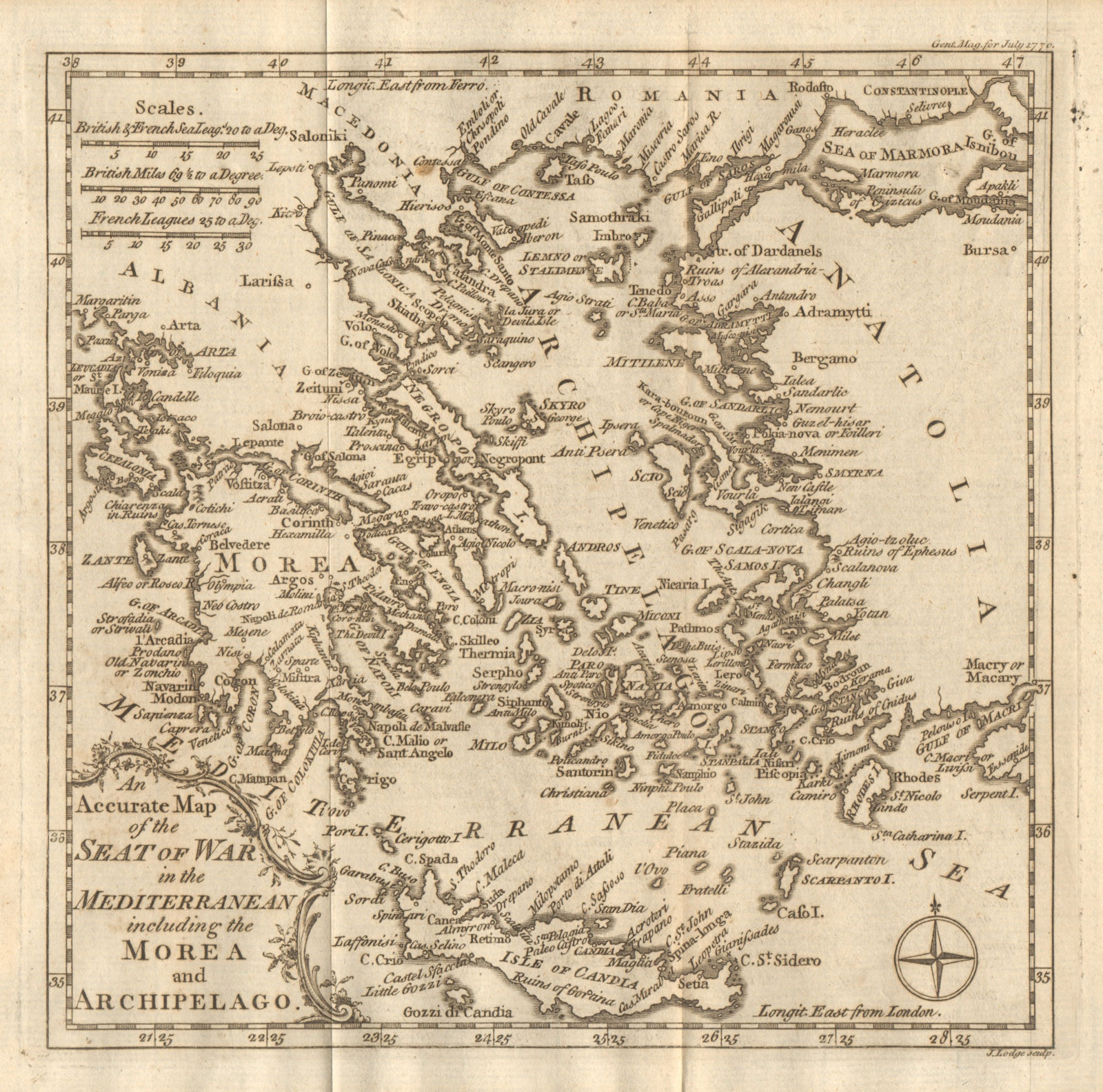 The Seat of War in the Mediterranean. Morea. Greece & the Aegean. LODGE 1770 map