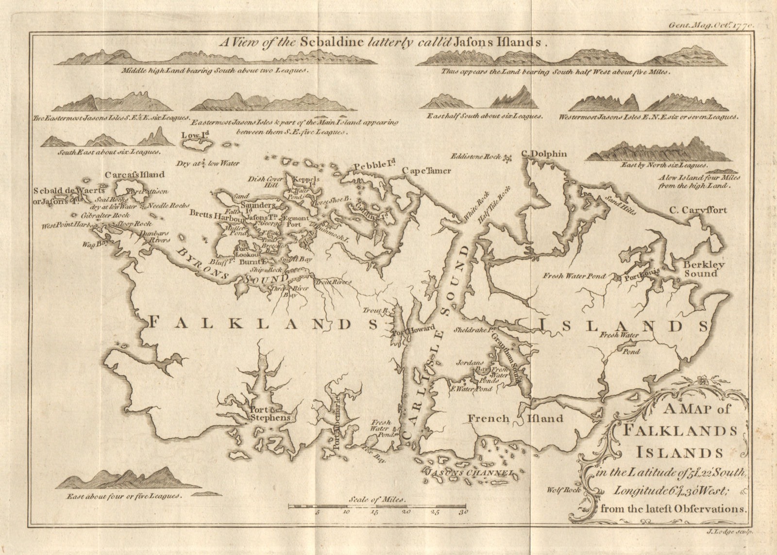 A map of the Falkland Islands. Sebaldine island profiles. LODGE 1770 old