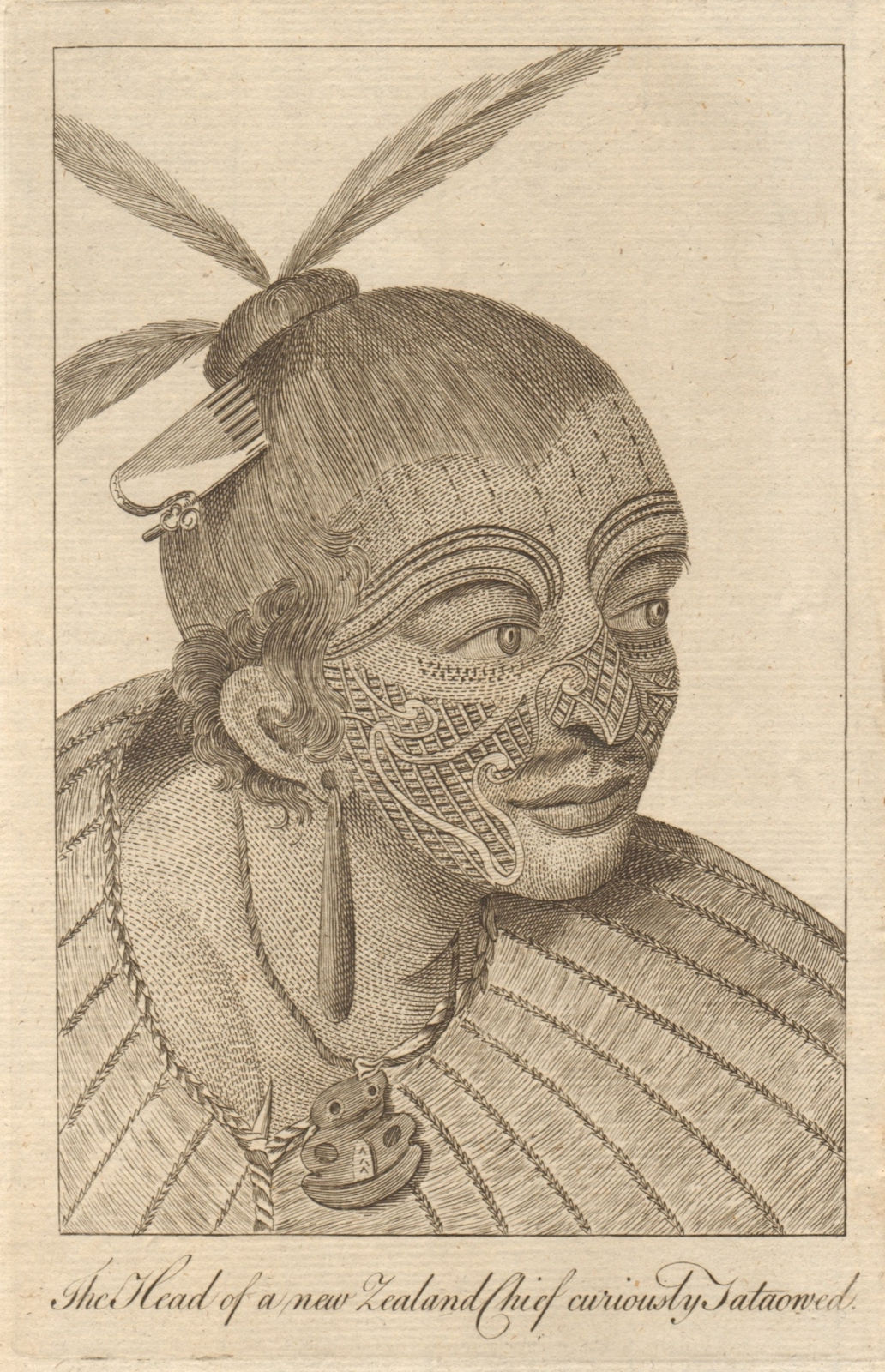 The head of a New Zealand chief tataowed. Maori Tattoo. Moko body art 1774