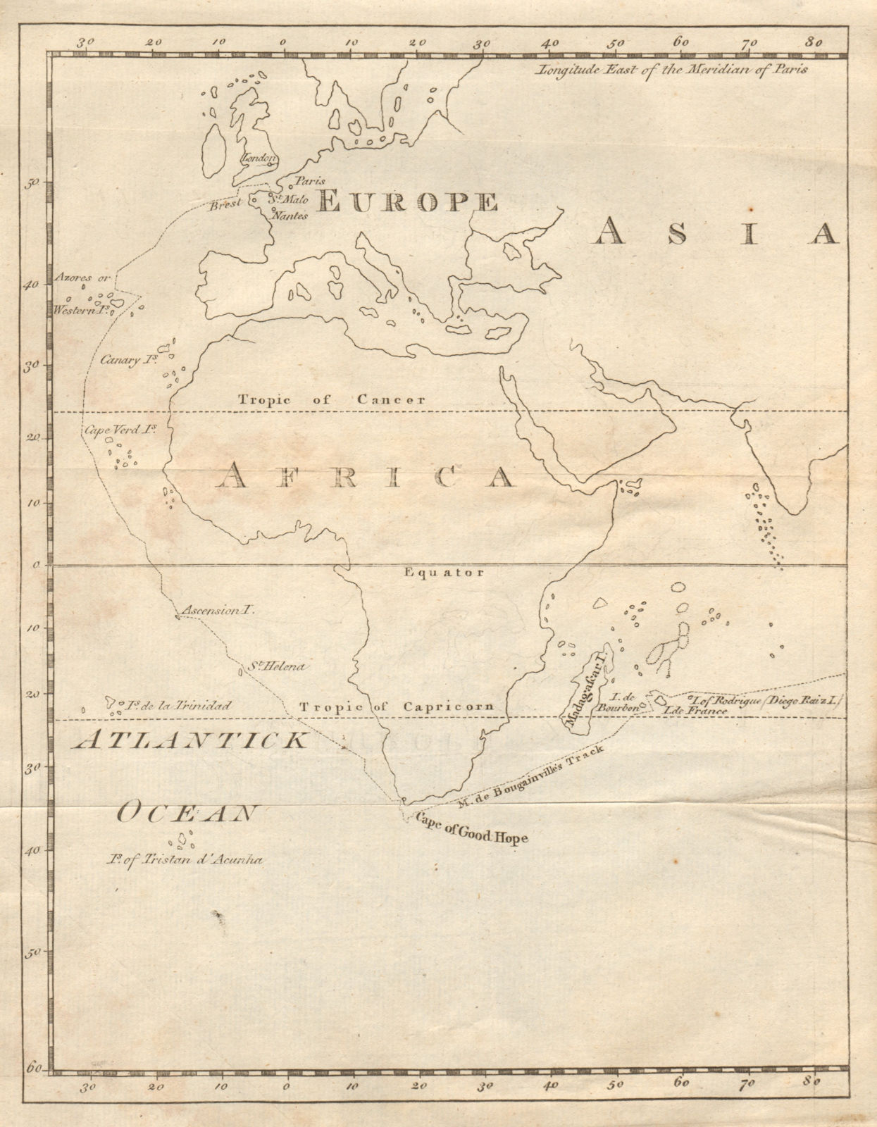 Bougainville's 1766 circumnavigation. France-Africa-Réunion. GENTS MAG 1774 map