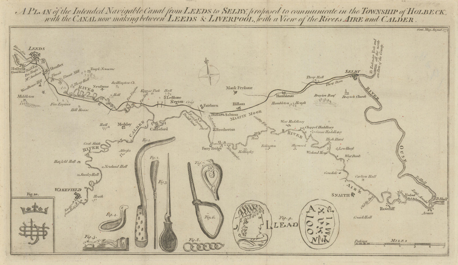 The intended navigable canal from Leeds to Selby. Aire Calder GENTS MAG 1774 map