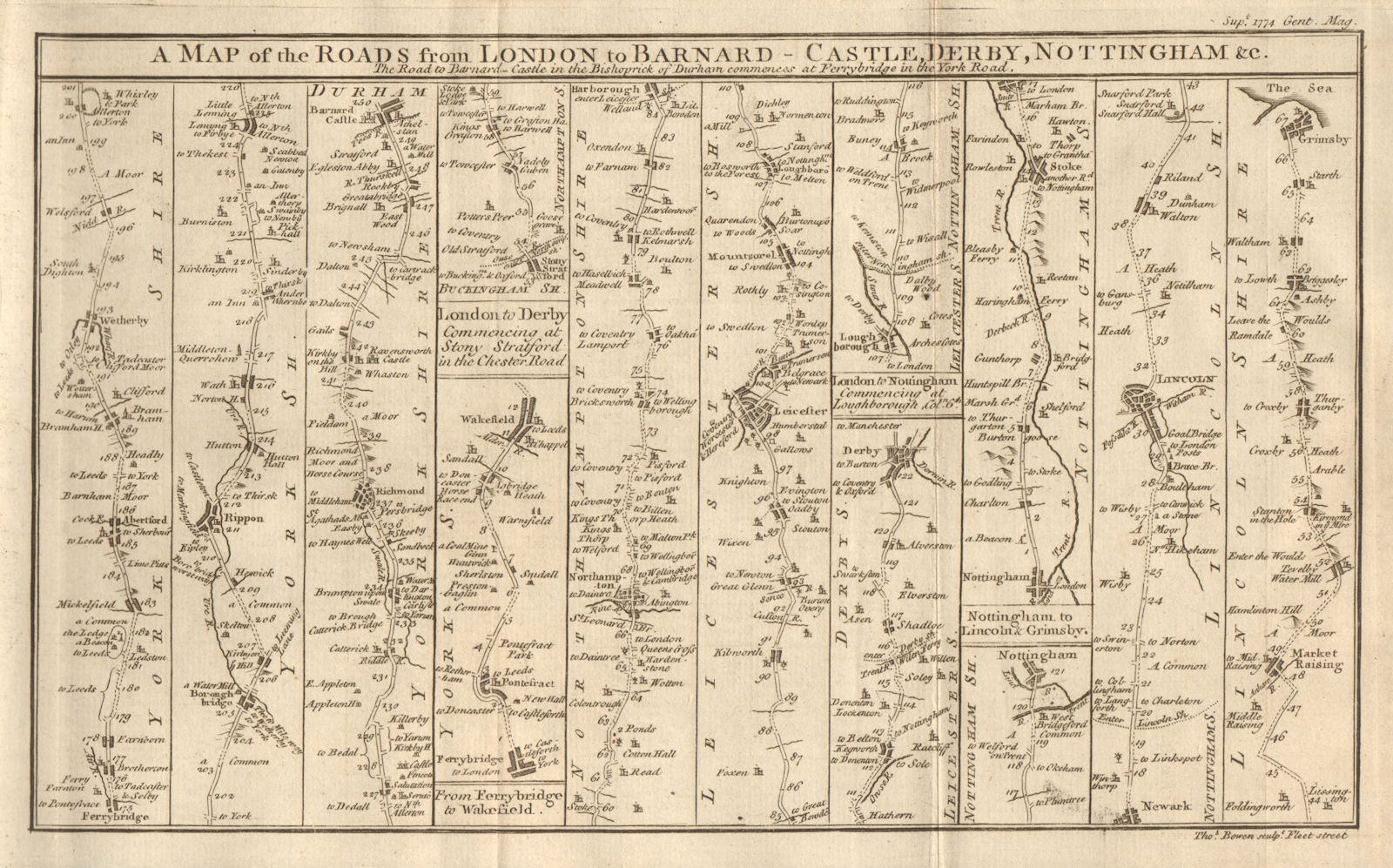 East Midlands & Yorkshire road strip map. Derby Ripon Grimsby. BOWEN 1774
