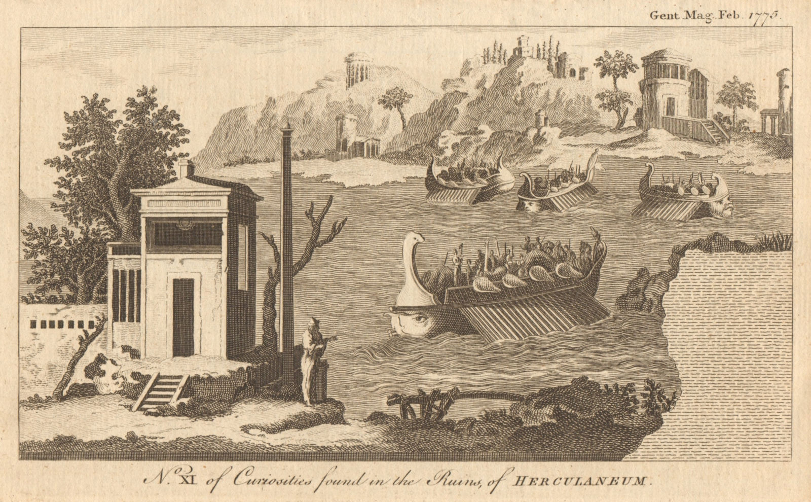 Herculaneum curiosities. A painting, galleys on the water. Italy. Classics 1775