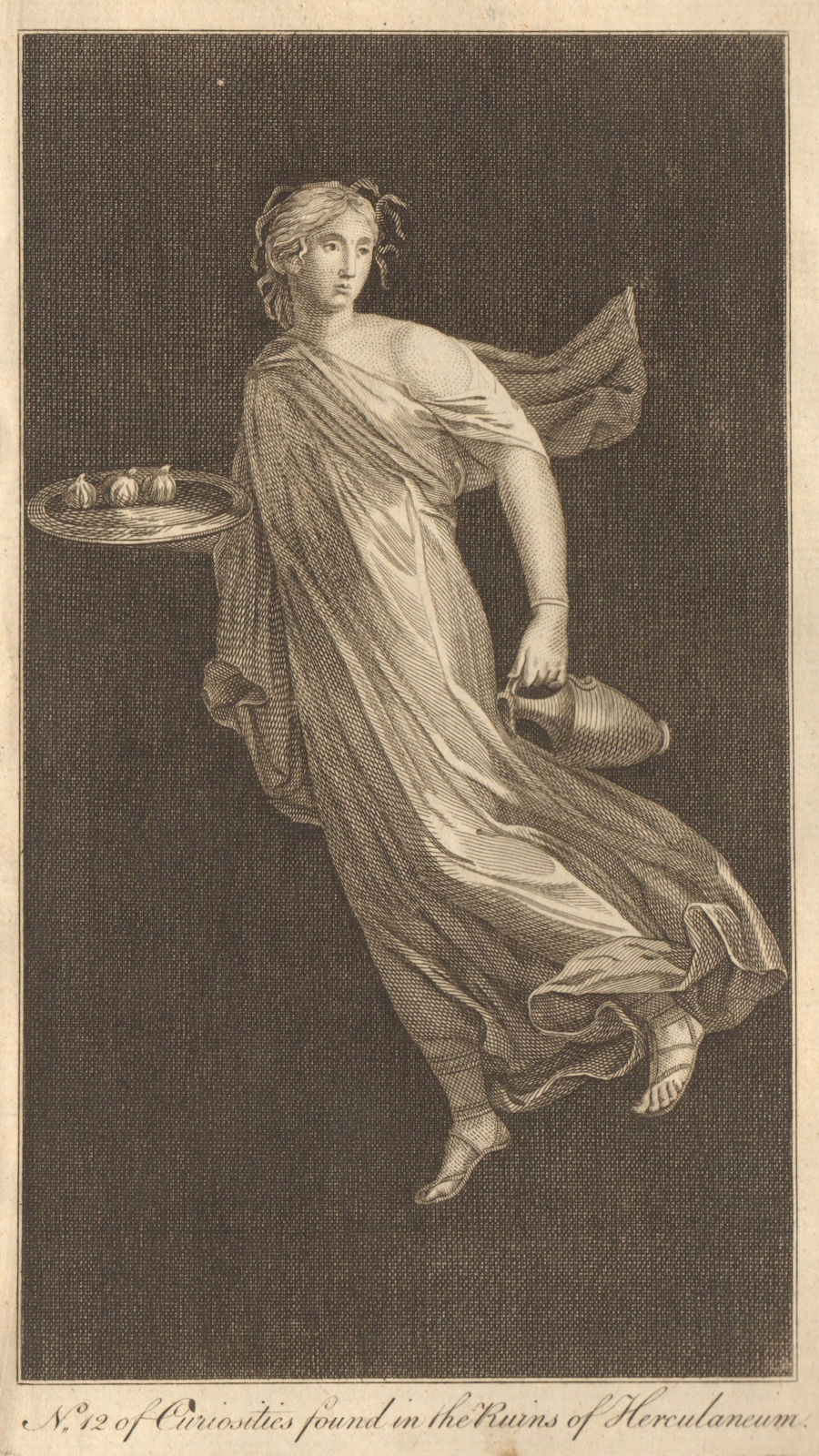 Herculaneum curiosities. Painting: a nymph carrying fruit in a dish 1775 print