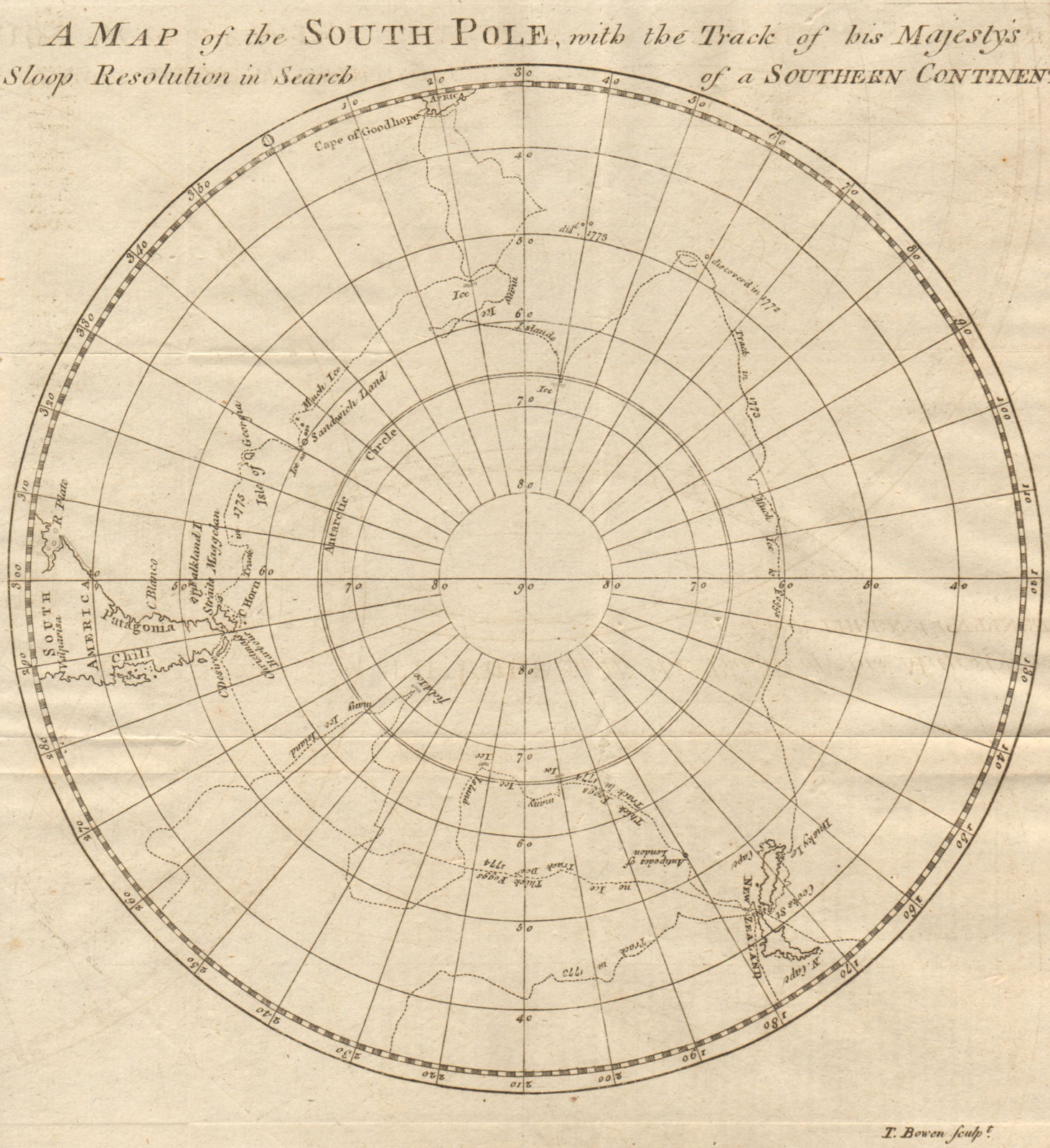 The South Pole with the track of HMS Resolution. Cook. Antarctic. BOWEN 1776 map