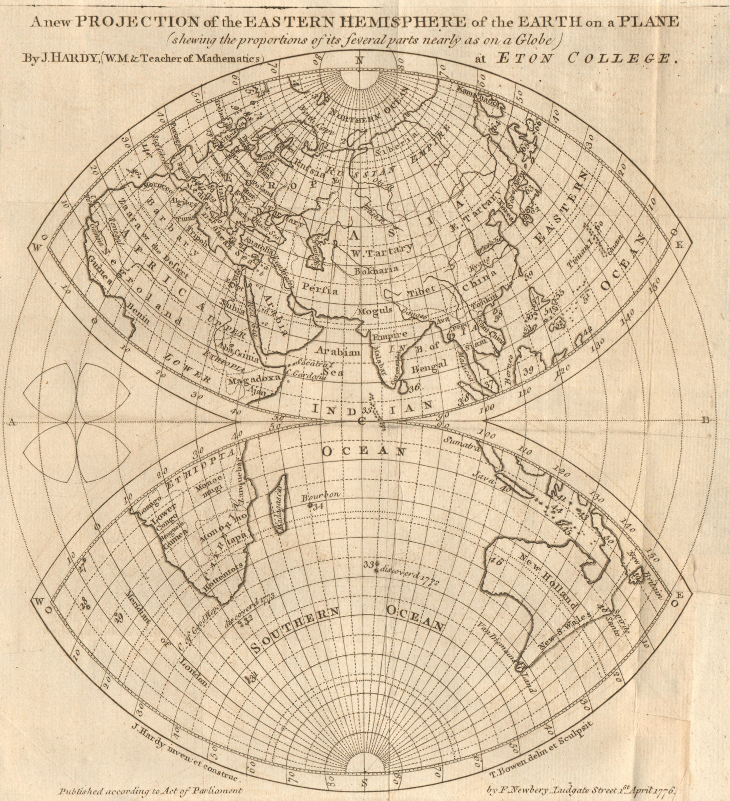 New projection of the Eastern Hemisphere of the Earth on a plane. BOWEN 1776 map