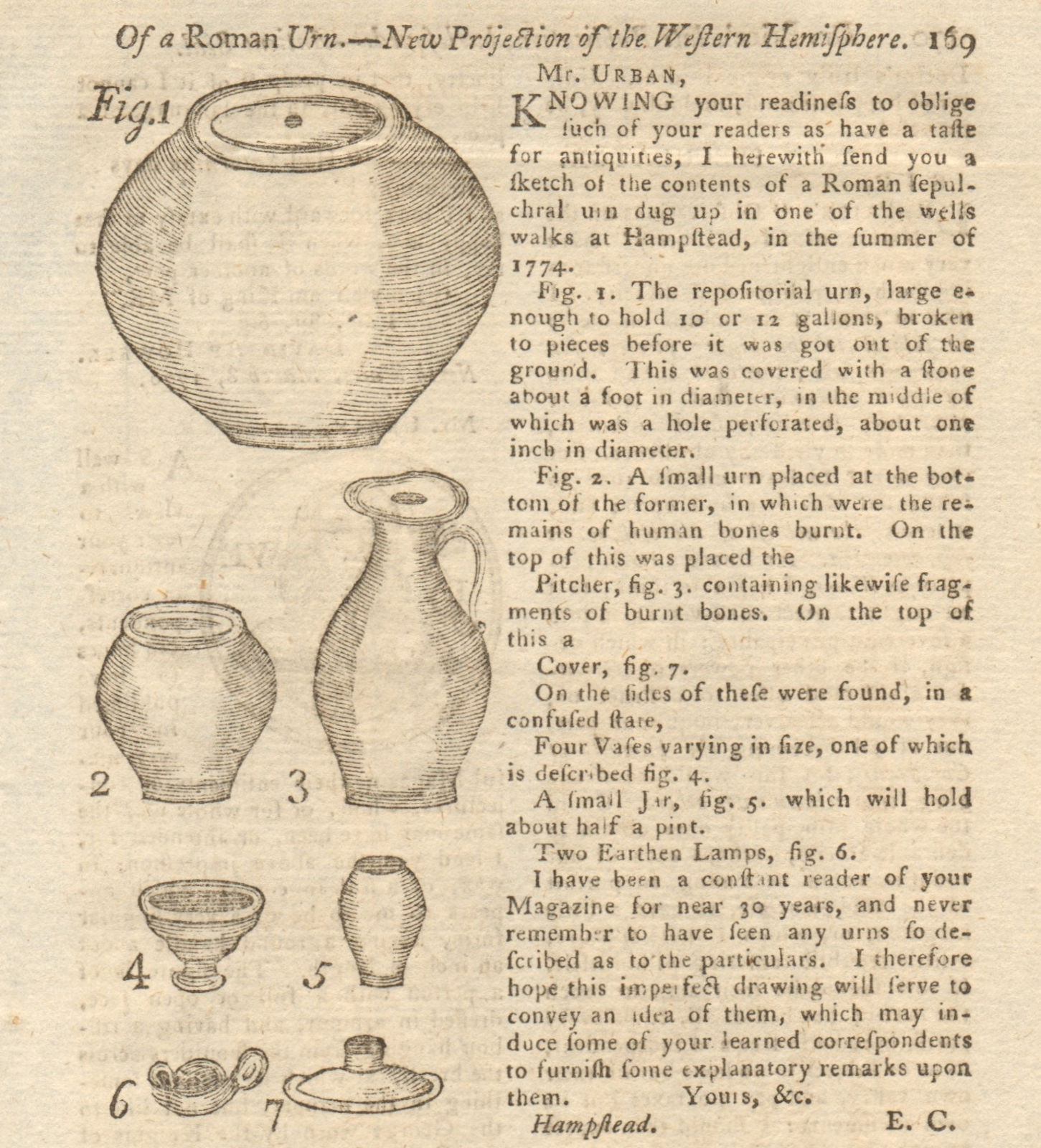Roman urn, vases and lamps, found at Hampstead, London 1776 old antique print