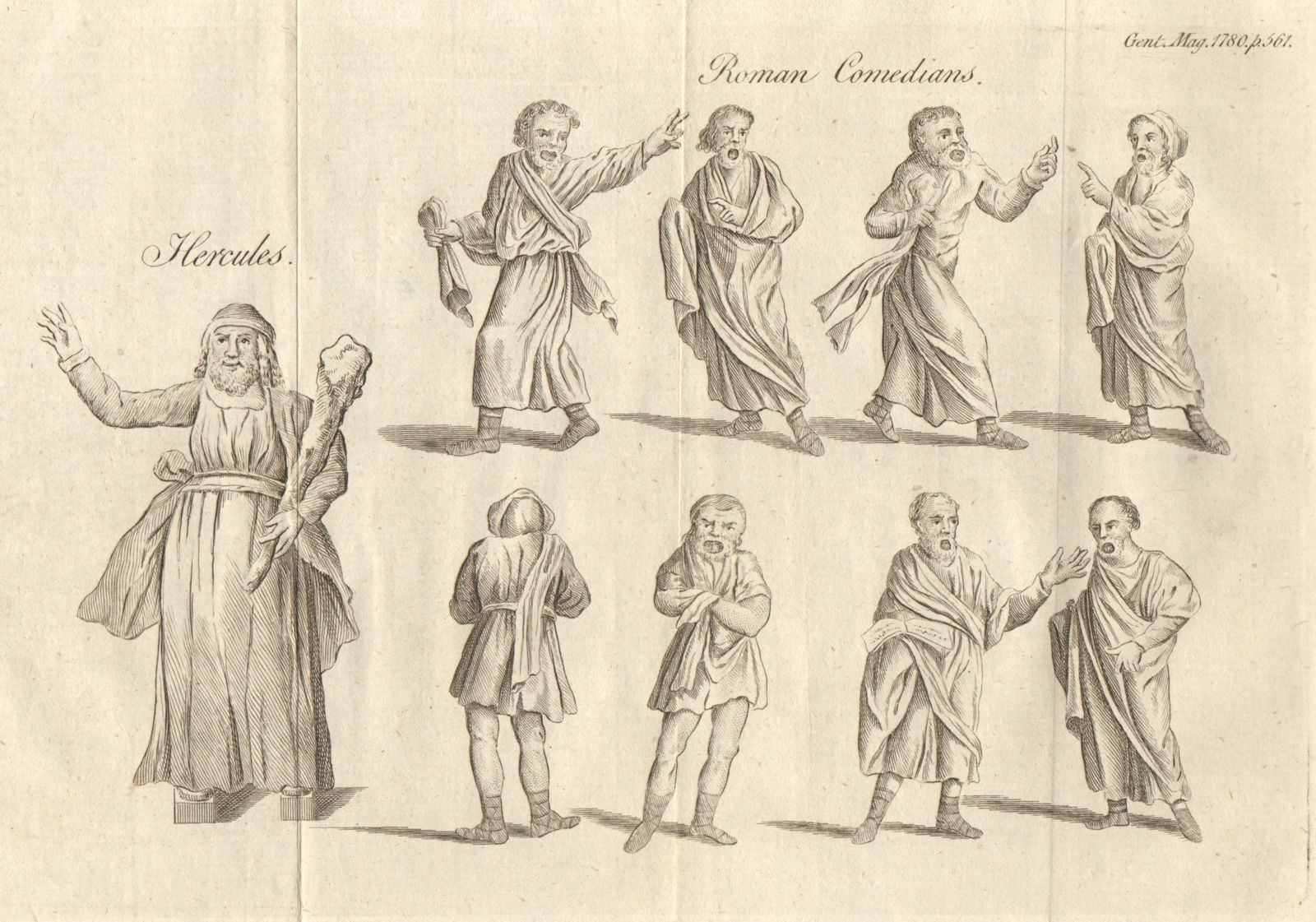 Hercules. Roman comedians. Classics. Performing Arts 1780 old antique print