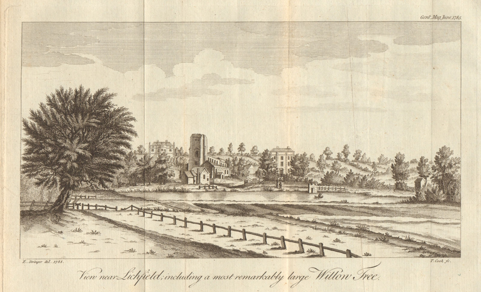 View near Lichfield, Staffordshire, including a large willow tree 1785 print