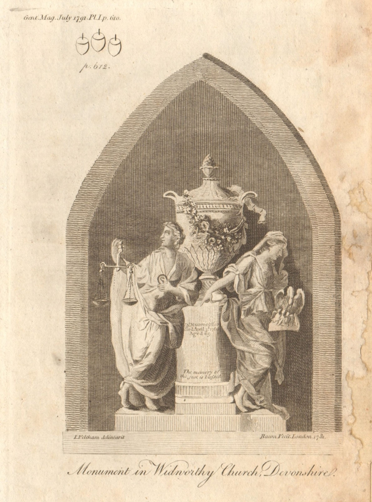 Associate Product Monument for James Marwood in Widworthy Church, Devon 1791 old antique print