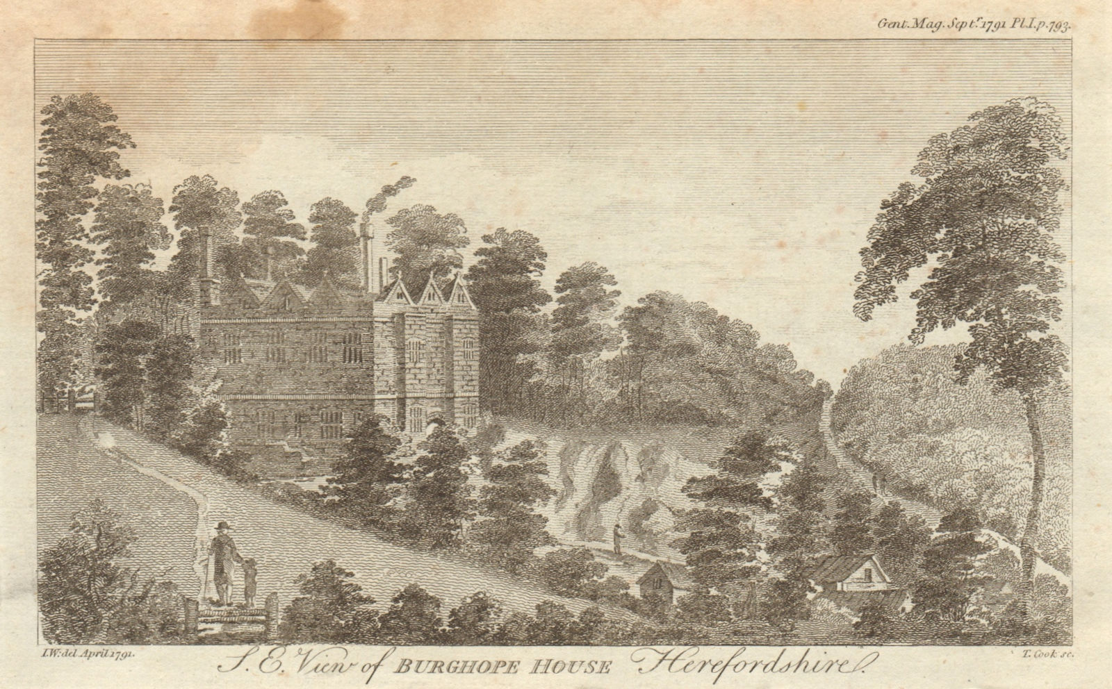 South east view of Burghope House, Herefordshire 1791 old antique print