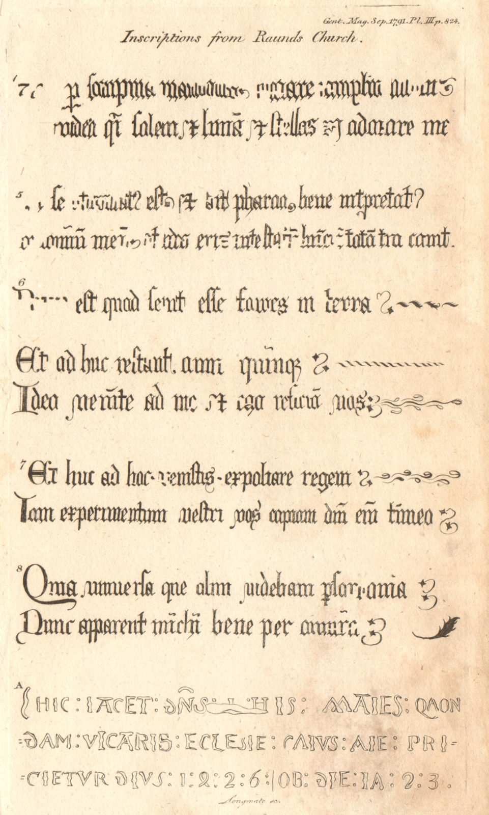 Inscriptions from St. Peter's church, Raunds, Northamptonshire 1791 old print